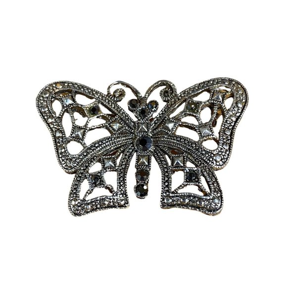 Jewelry - Filigree Butterfly Silver Color Pin Brooch Glass Crystal Rhinestone Accents